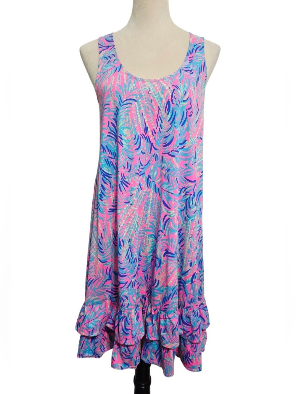Lilly Pulitzer Dress M 100% Pima Cotton Pink Tropical Ruffle Hem Sleeveless